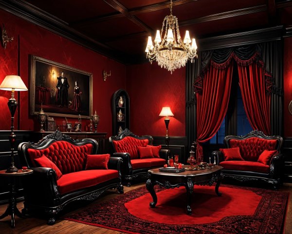 Opulent living room with red velvet sofas and chandelier