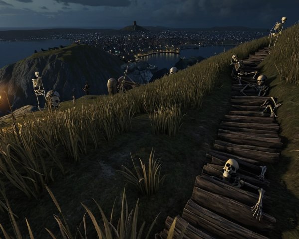 Skeletons in a dimly lit landscape with waterfront town