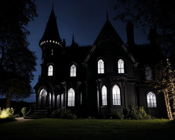 Gothic Mansion with Intricate Architecture at Night