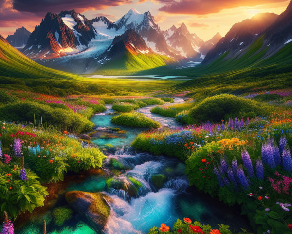 Vibrant Wildflower Landscape with Snow-Capped Mountains