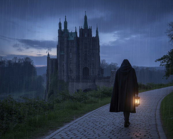 Cloaked figure on cobblestone path near gothic castle