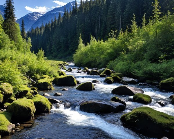 Serene Mountain Landscape with Flowing River and Trees
