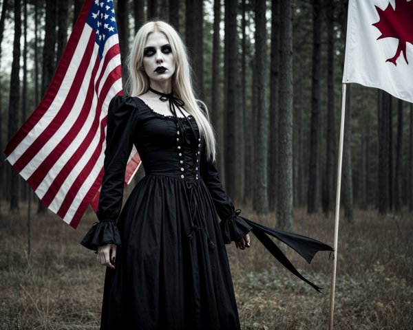 Figure in Black Gown in Misty Forest with Flags