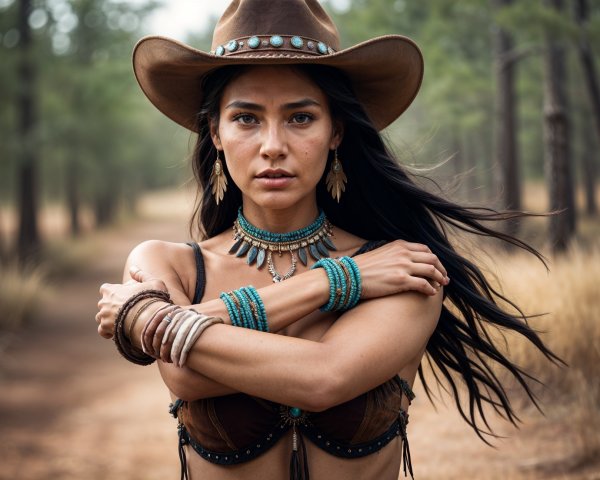 Confident Woman in Forest with Cowboy Hat and Jewelry