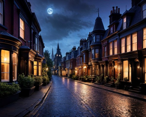 Dimly Lit Victorian Street with Church Spire at Night