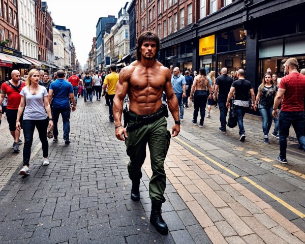 Muscular Man in Cargo Pants in Busy City Street