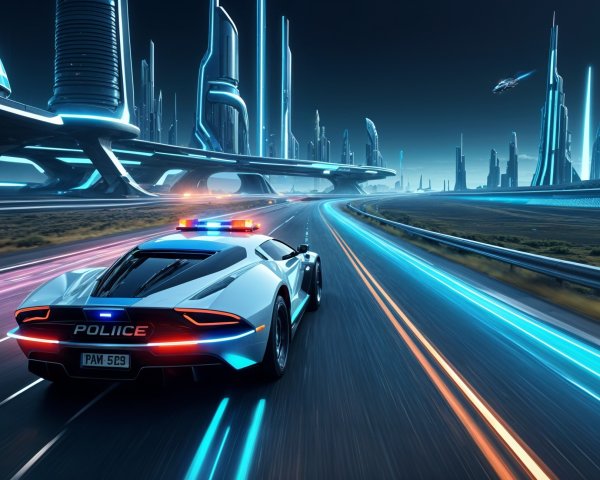 Futuristic police car on neon-lit highway in sci-fi city