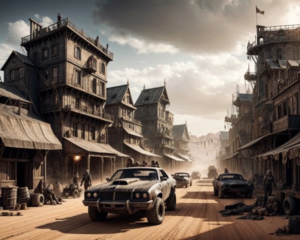 Dusty Wild West Town with Vintage Cars and Clouds