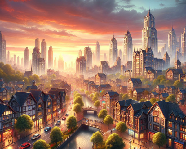 Cityscape at Sunset with Skyscrapers and River