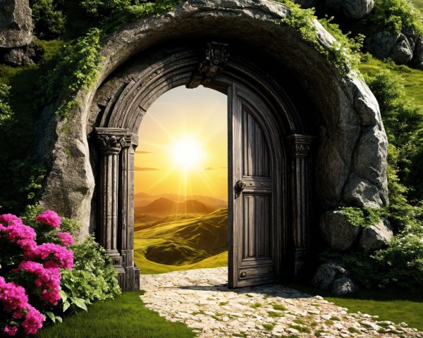 Stone Archway Opening to Scenic Landscape and Flowers