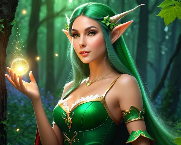 Elf in Green Dress with Magical Orb in Forest Scene