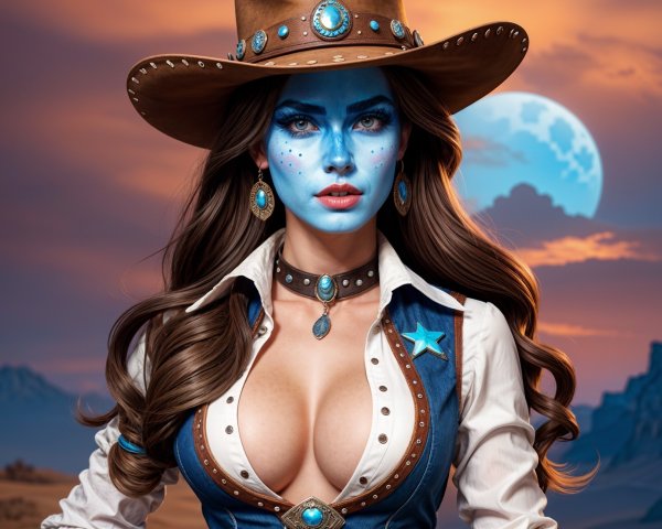 Cowboy Figure with Blue Face Paint and Sunset Background