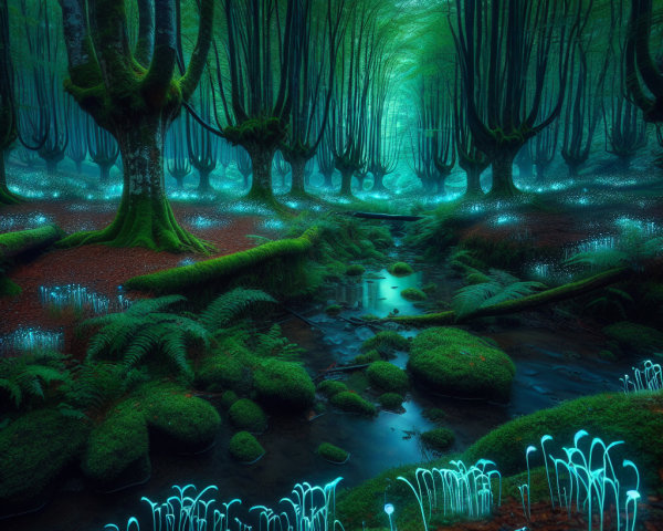 Mystical Forest with Ethereal Blue Light and Fungi