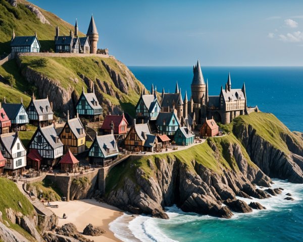 Coastal Village with Colorful Cottages and Cliffs