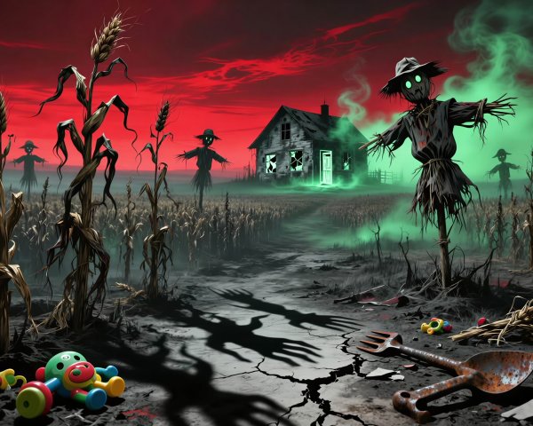 Desolate Cornfield Scene Under Blood-Red Sky