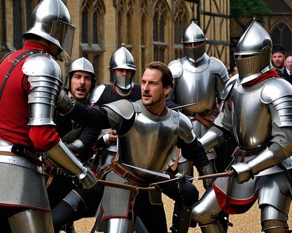 Medieval Reenactment with Armored Men in Courtyard