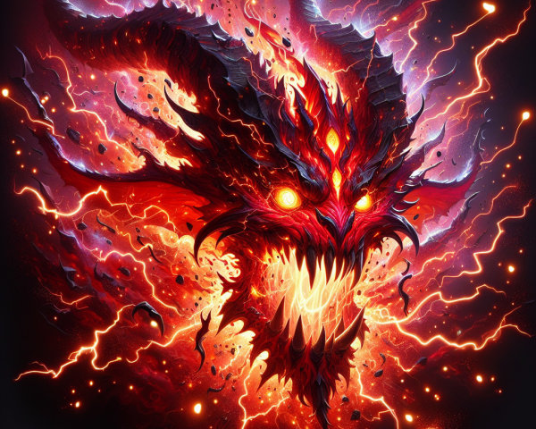 Fiery Dragon Head with Glowing Eyes and Flames