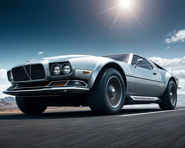 Retro-Styled Silver Sports Car Against Blue Sky