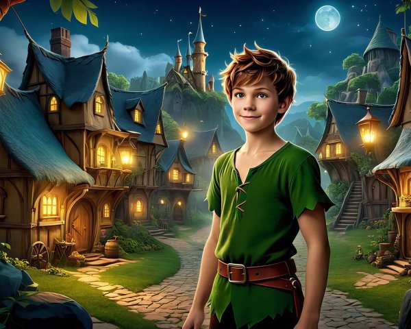 Boy in Green Shirt by Quaint Village at Night