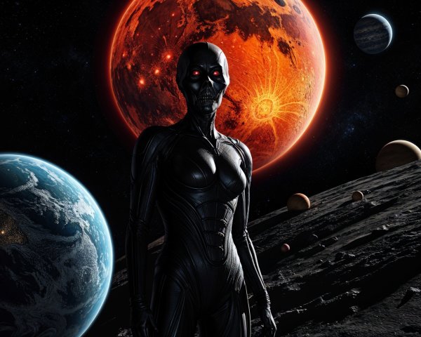 Futuristic humanoid figure on rocky surface with red planet