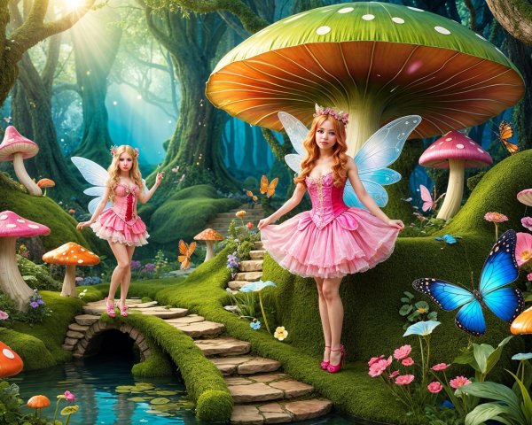 Whimsical Forest Scene with Fairies and Flowers