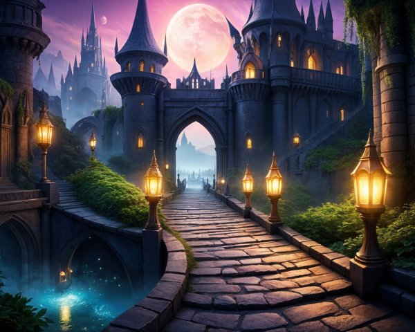 Mystical Castle Under a Glowing Moonlit Sky