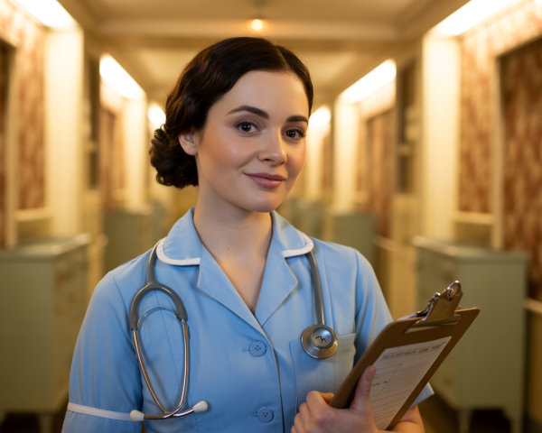Nurse in Vintage Hospital Corridor with Clipboard
