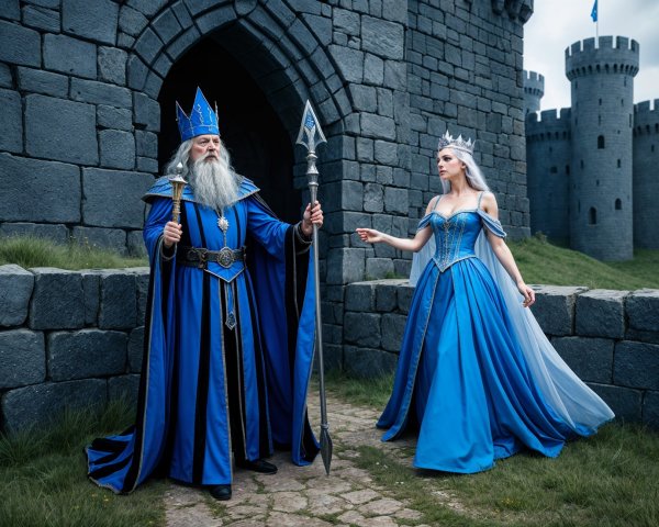 Regal King and Queen at Castle Entrance in Fantasy Setting