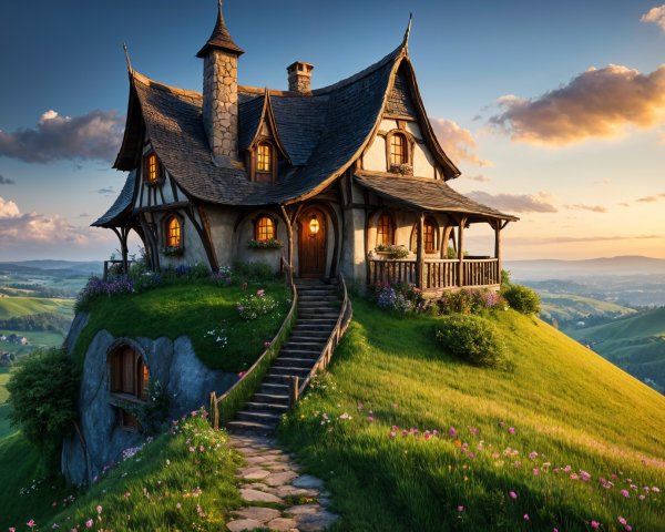 Whimsical Fairy-Tale Cottage on a Lush Green Hill
