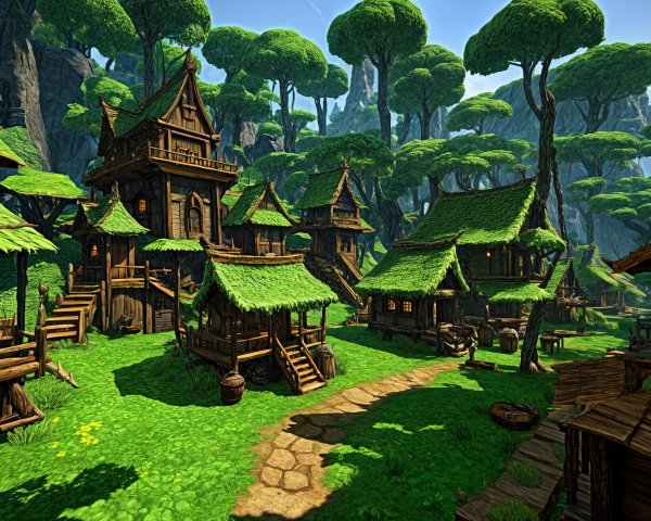 Fantasy Village in Lush Green Landscape with Trees