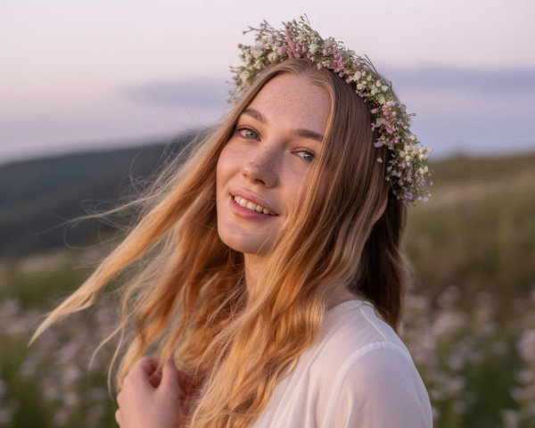 Young Woman with Flower Crown in Serene Sunset Field