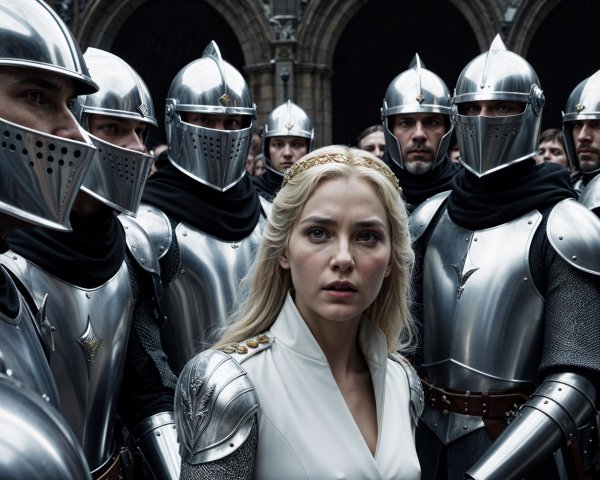 Woman in Regal Outfit Surrounded by Armored Knights