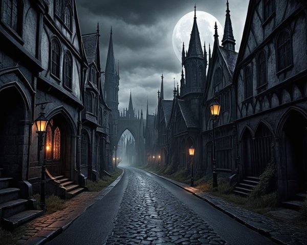 Gothic Village with Cobblestone Street and Lanterns