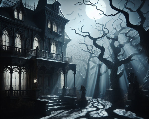 Gothic mansion under full moon with eerie surroundings