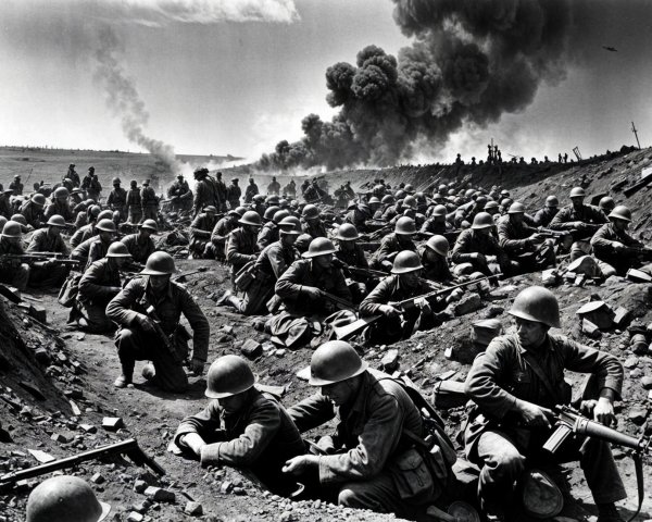 Chaotic Battlefield Scene with Soldiers in Trenches