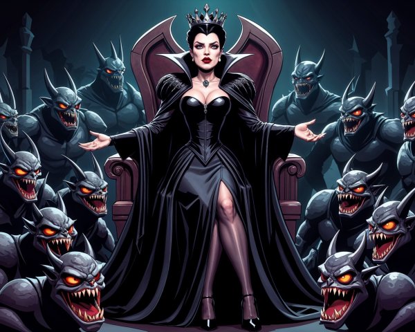 Dark Sorceress on Throne Surrounded by Shadow Creatures