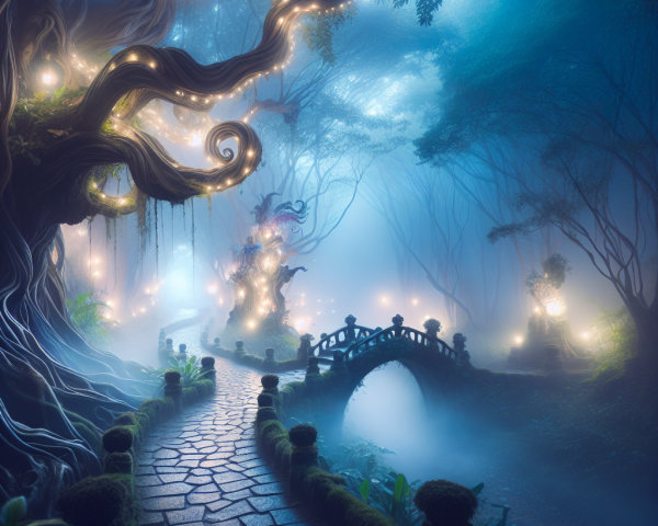 Mystical Forest Path with Ancient Trees and Lights
