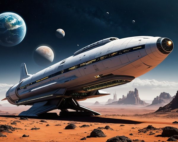 Futuristic Spaceship in Rugged Red Desert Landscape