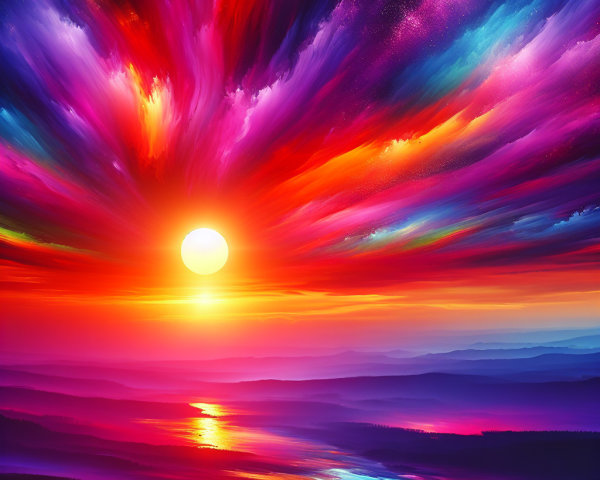 Vibrant Sunset Over Tranquil Waters and Silhouetted Hills