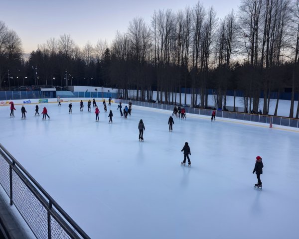 Outdoor Ice Skating Rink with Skaters at Dusk