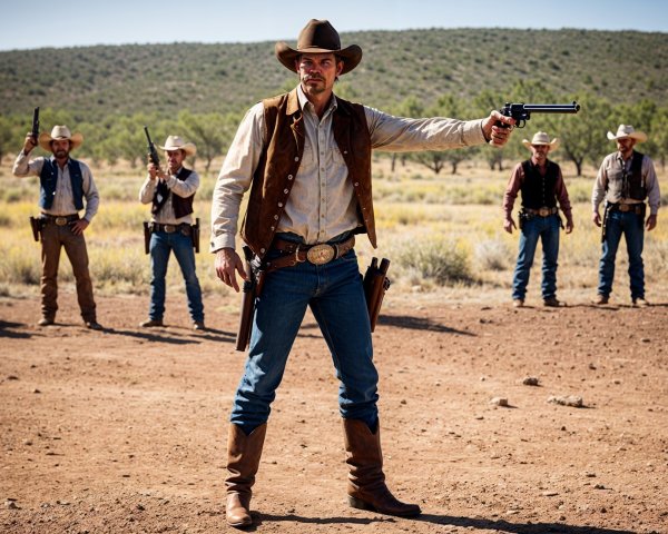 Cowboys in Desert Landscape with Firearms and Shadows