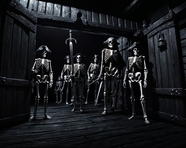 Skeletal Pirates in Dimly Lit Ship Doorway