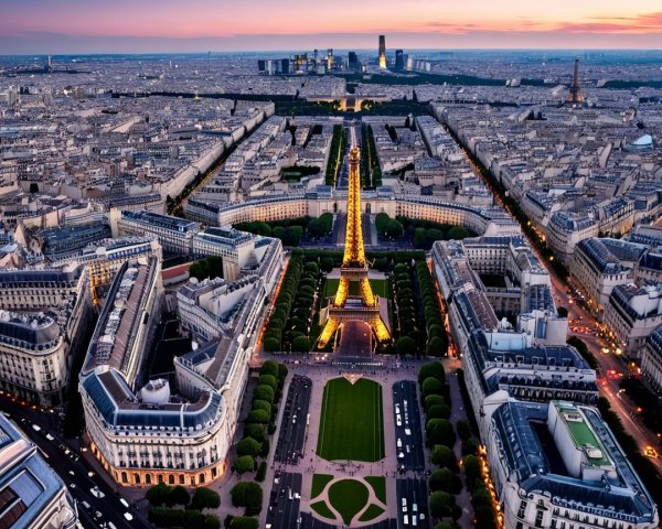 Aerial View of Paris at Dusk with Eiffel Tower