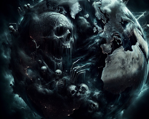 Dark Earth Depiction with Skulls and Lightning Effects