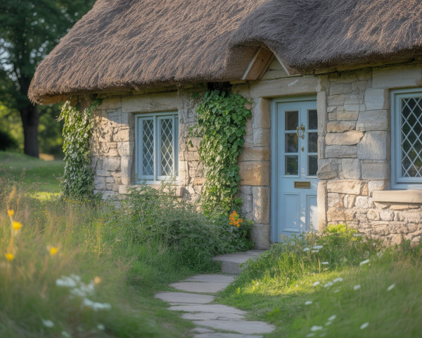 Thatched Stone Cottage Surrounded by Lush Greenery