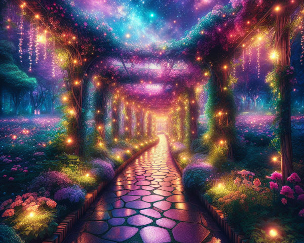 Enchanted Garden Pathway with Fairy Lights and Foliage