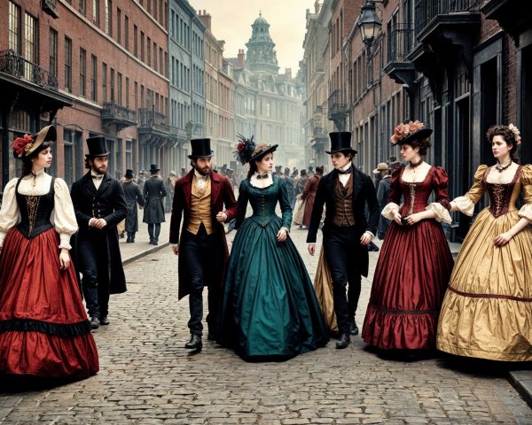 Elegant Stroll of Vintage-Dressed Individuals on Cobblestones