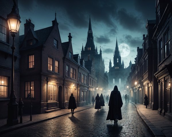 Gothic Cityscape with Moonlit Street and Cloaked Figures