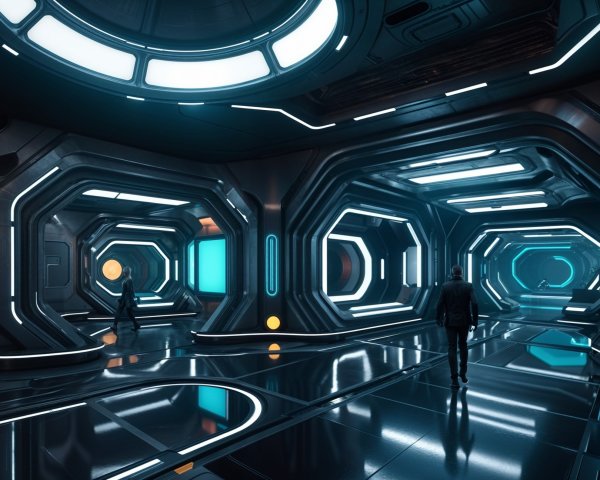 Futuristic Corridor with Metallic Walls and Ambient Lighting