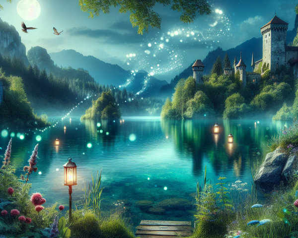 Twilight Landscape with Lake, Castle, and Fireflies
